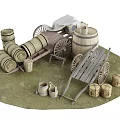 Wooden Barrel Trolley Straw Bale Ancient Architecture Japanese Architecture Tower Japanese Architecture Japanese House Carriage 3d model