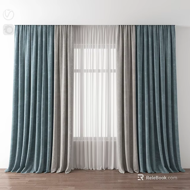Teal And Light Gray Curtains With Sheer White Panels For Window 3d model