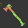 Ornate Decorative Axe With Carved Metal Head And Orange Wooden Handle