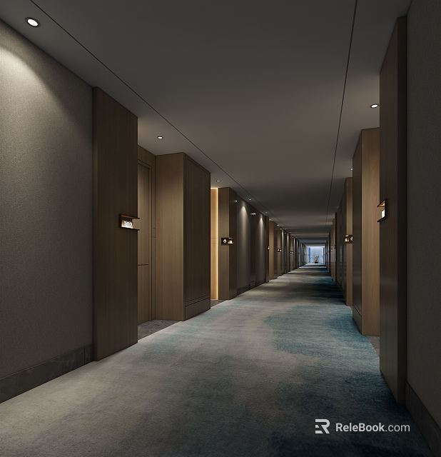 Modern Hotel Corridor Interior With Long Layout Blue Gray Carpet And Wall Mounted Lights 3d model 