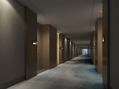 Modern Hotel Corridor Interior With Long Layout Blue Gray Carpet And Wall Mounted Lights 3d model