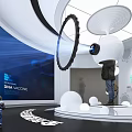Modern Tech Exhibition Hall With Curved Screen Blue Planet Graphics And Spherical Installation 3d model