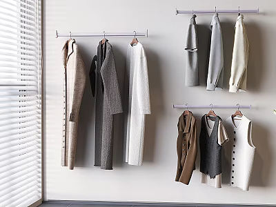 Various Clothing Items Hanging on Wall Near Window with Blinds Including Coats Sweaters and Vests 3d model