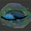 Cartoon Scene Featuring Blue Tree With Icy Branches Dark Trunk Green Grass And Water Puddle