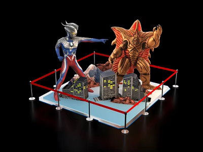 Ultraman And Monster Figure Photo Spot With City Buildings And Red Railings 3d model