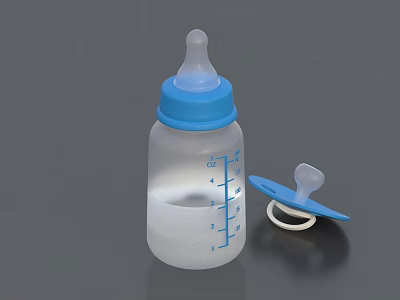 Ceramic Baby Bottle With Transparent Body Blue Cap Pacifier And Measurement Lines On Dark Background 3d model