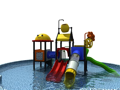 Water Playground Equipment With Red Yellow Green Slides And Flower Decorations For Kids 3d model