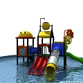 Water Playground Equipment With Red Yellow Green Slides And Flower Decorations For Kids