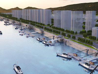 Scenic Riverside Park View With Boats On Water Tall Buildings And Greenery Along Shore 3d model