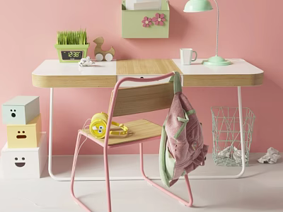 Kids Desk With Wooden Tabletop Pink Wall Yellow Chair Pink Backpack Lamp And Storage Boxes 3d model