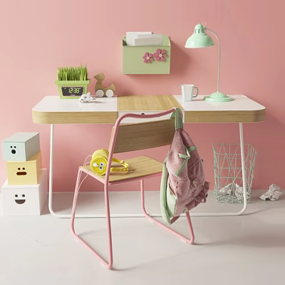 Kids Desk With Wooden Tabletop Pink Wall Yellow Chair Pink Backpack Lamp And Storage Boxes 3d model