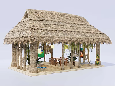 Rustic Thatch Roof Canopy with Wooden Columns Tables Chairs and Decorative Plants for Outdoor Lounge 3d model