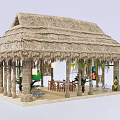 Rustic Thatch Roof Canopy with Wooden Columns Tables Chairs and Decorative Plants for Outdoor Lounge
