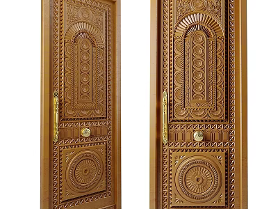 Elegant Traditional Wooden Panel Doors Featuring Intricate Carved Patterns And Gold Handles 3d model