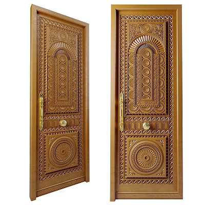 Elegant Traditional Wooden Panel Doors Featuring Intricate Carved Patterns And Gold Handles 3d model