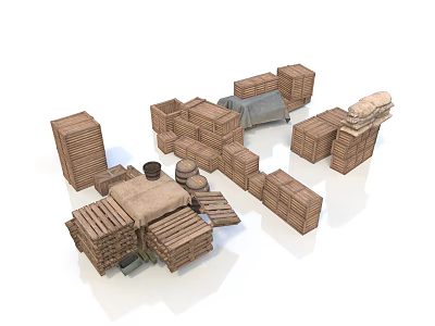 Wooden Crates and Pallets of Various Sizes Stacked in Storage Arrangement 3d model