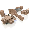 Wooden Crates and Pallets of Various Sizes Stacked in Storage Arrangement