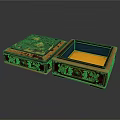 Decorative Storage Box With Ornate Carved Patterns Gold Accents And Blue Yellow Interior