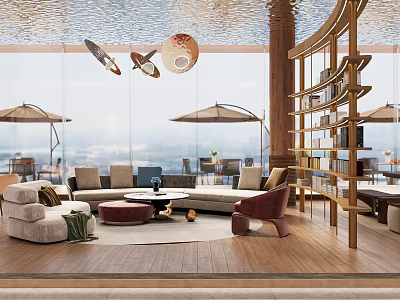 Modern Sales Office Interior With Comfortable Sofas Bookshelves Pendant Lights And Scenic Views 3d model