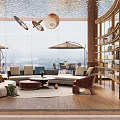 Modern Sales Office Interior With Comfortable Sofas Bookshelves Pendant Lights And Scenic Views