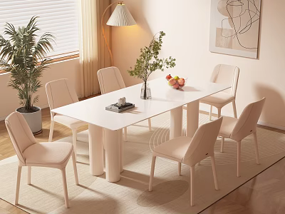Modern Light Pink Dining Table Set With Six Chairs Green Plants And Fruit Bowl 3d model