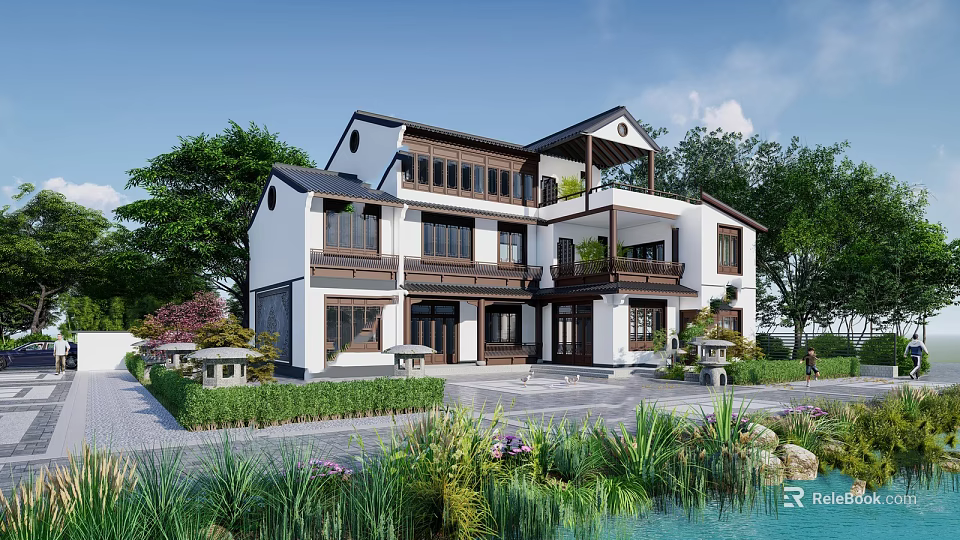 Traditional Chinese Style Two Story Detached Villa With Courtyard Pond And Greenery 3d model 