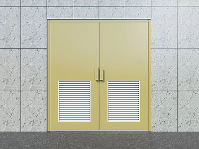 Yellow Double Doors With White Louver Vents And Handles Against Gray Marble Wall 3d model