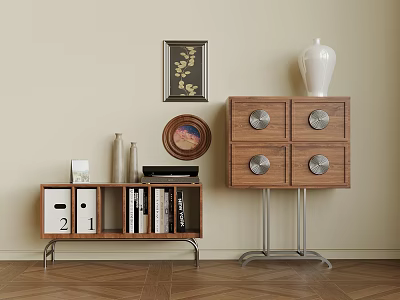 Beige Wall With Framed Art White Vase Brown Cabinet Low Shelf On Herringbone Wooden Floor 3d model