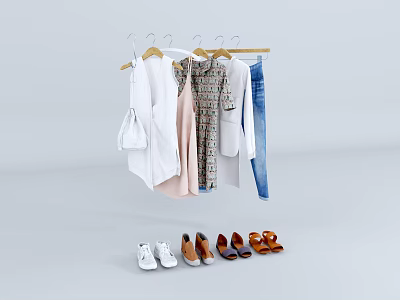Trendy Women's Clothing Display with Tops Shirts Jeans Shoes and Handbag on Hangers 3d model