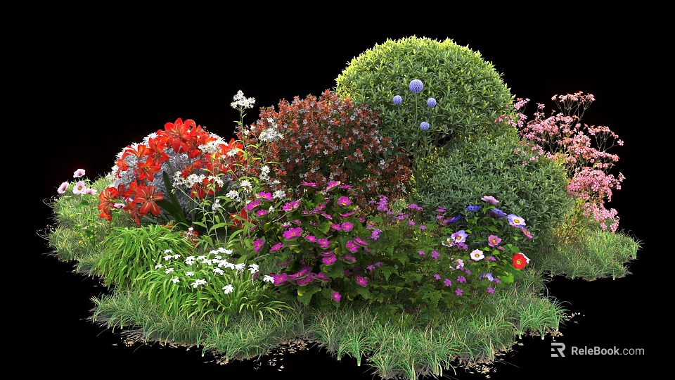 Mixed Garden Shrubs Featuring Red Purple White Flowers And Lush Green Foliage 3d model 