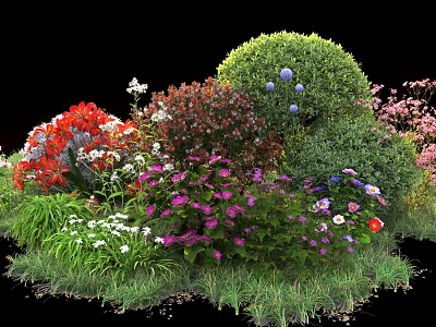 Mixed Garden Shrubs Featuring Red Purple White Flowers And Lush Green Foliage 3d model