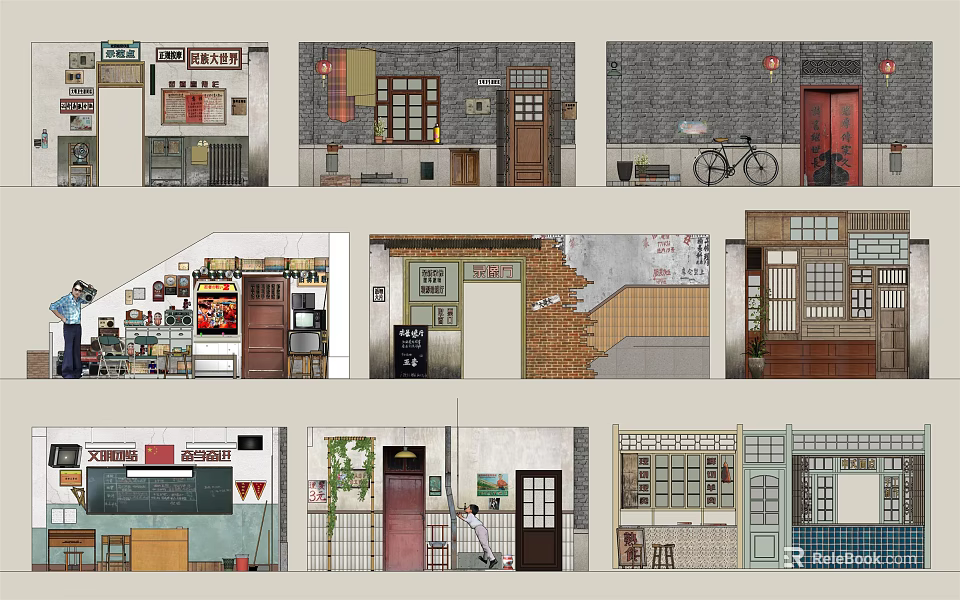 Vintage Background Wall Collection With Traditional Doors Windows And Bicycle Elements 3d model