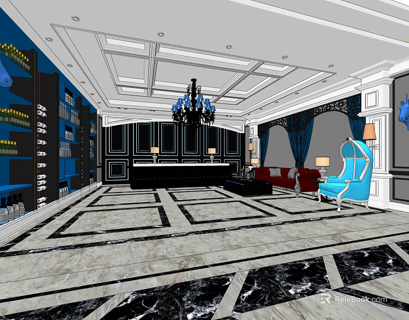 Elegant Elevator Hallway Interior With Chandelier Sofa Wine Cabinet And Marble Floor 3d model