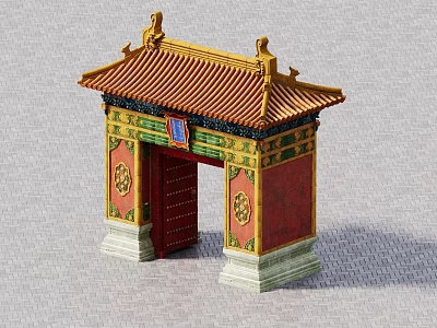 Traditional Ancient Chinese Architecture Gatehouse With Yellow Tiled Roof Red Walls And Golden Decorations 3d model