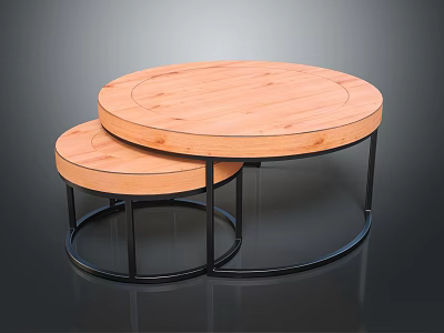 Modern Minimalist Two Nested Round Wooden Coffee Tables With Black Metal Frames 3d model