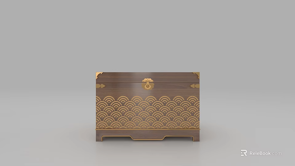 Traditional Brown Storage Chest Featuring Gold Wave Pattern And Decorative Hardware 3d model 
