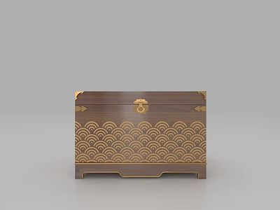 Traditional Brown Storage Chest Featuring Gold Wave Pattern And Decorative Hardware 3d model