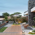 Modern Courtyard Garden With Stone Wall Outdoor Furniture Lawn And Water Feature