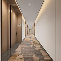 Modern Hotel Corridor Design With Wooden Doors Patterned Carpet And Recessed Lighting