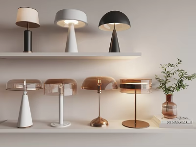 Modern Table Lamps In Various Colors On White Shelves With Vase And Book 3d model