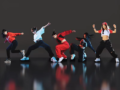 Group of Women Dancing in Sportswear on Dark Background with Reflective Floor 3d model
