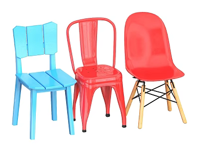 Different Style Colorful Chairs Featuring Slatted Perforated Curved Seats and Wooden Metal Legs 3d model