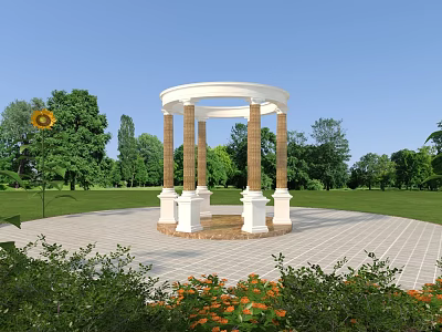 Outdoor Gazebo With White Columns Paved Ground Green Grass And Sunflowers 3d model