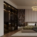 Modern Double Bed In Background With Paneled Wall Circular Hanging Lights Nightstands And Soft Rug