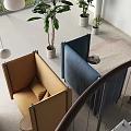Cozy Lounge Area With Blue Orange Pod Seats Table Plants Large Windows Mountain Sea View