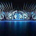 Futuristic Architectural Installation With Blue Lights Laser Beams Intricate Geometric Lines And Central Glowing Logo