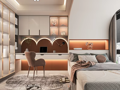 Modern Tatami Bedroom Interior Design With Desk Chair Cabinets Rug And Bedding 3d model