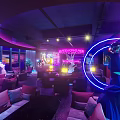 Stylish Bar Interior With Neon Lighting Purple Hue Sofa Area Plants Large Windows Night View