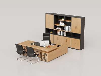 Wooden Office Desk With Computer Two Black Office Chairs And Bookcase With Books Decorations 3d model