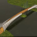Modern White Landscape Bridge Over Water With Wooden Deck Green Grass And Trees